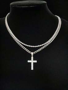 2pcs Set Of Men's Rhinestone-Decorated Cuban Twist Chain Necklace With Cross Pendant, Fashionable And Versatile Accessory For Men And Women, Perfect For Holiday Gifts