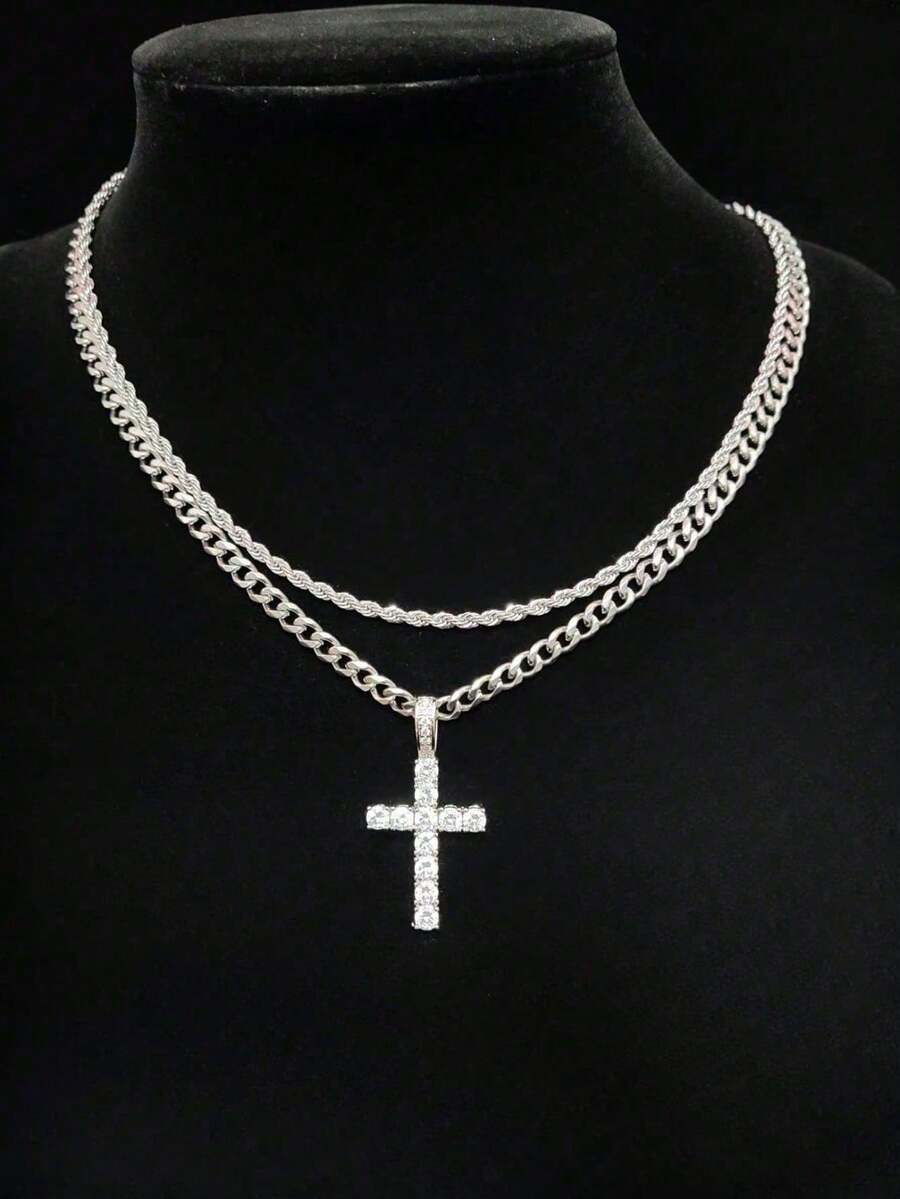 2pcs Set Of Men's Rhinestone-Decorated Cuban Twist Chain Necklace With Cross Pendant, Fashionable And Versatile Accessory For Men And Women, Perfect For Holiday Gifts