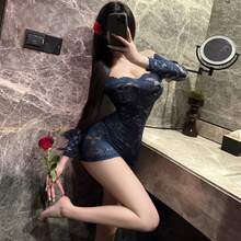 Đầm mini ôm sát gợi cảm bằng ren - Đầm trễ vai quyến rũ phong cách Pure Style dành cho câu lạc bộ đêm. - Màu xanh bụi bặm - Xem 3