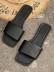 Women's Black Square Toe Slip-On Sandals, Casual, Simple, Comfortable, Personalized, Elegant, Versatile, Flat Sandals