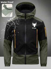 Men's Casual Patchwork Cow Print Multi-Zipper Pocket Design Versatile Windbreaker Jacket - Army Green - View 3