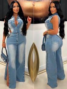 HERTALK Denim Jumpsuit For Women Sexy Sleeveless Hollow High Waisted Stretchy Side Snap Slit Wide Leg Jeans Long Rompers - 藍色 - 查看 3