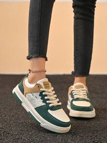 女式新款拼色厚底休闲户外登山鞋，时尚字母树枝图案系带休闲滑板运动鞋