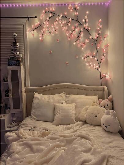 1pc 6.23ft/1.9m 96 LED Cherry Blossom Vine Lights, Pink, USB Powered, 8 Flashing Modes, Flexible & Bendable, Suitable For Home Decor/Fairy Garden/Room Decor/Wall Decor/Yard Decor/Holiday Party/Game Room/Office Decor