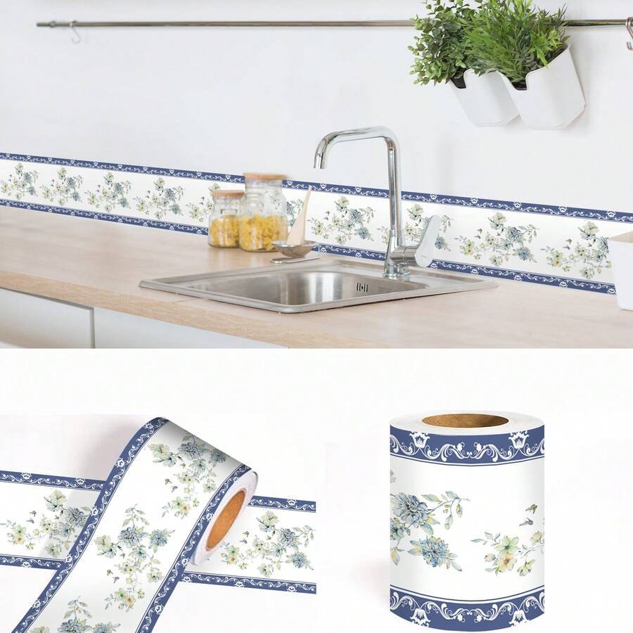 1 Roll Romantic Self-Adhesive Wallpaper Border, Pink & White Floral Pattern, Peel And Stick Border Trim, 4.72 X 118.11 Inch, Waterproof Home Decor, Removable Border Sticker, Concealer Strip, For Kitchen Door Frames Mirror Edges, Bohemian Room Decor