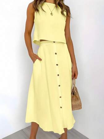 2 Stück/Set Damen Frühling/Sommer einfarbiges ärmelloses Top + lässiger, locker fallender A-Linien Rock mit Knopfverzierung an der Vorderseite, Sommer Outfit