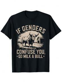 100% Cotton Printing IFunny Quote If Genders Confuse You Go Milk A Bull Vintage T-Shirt - Black - View 1