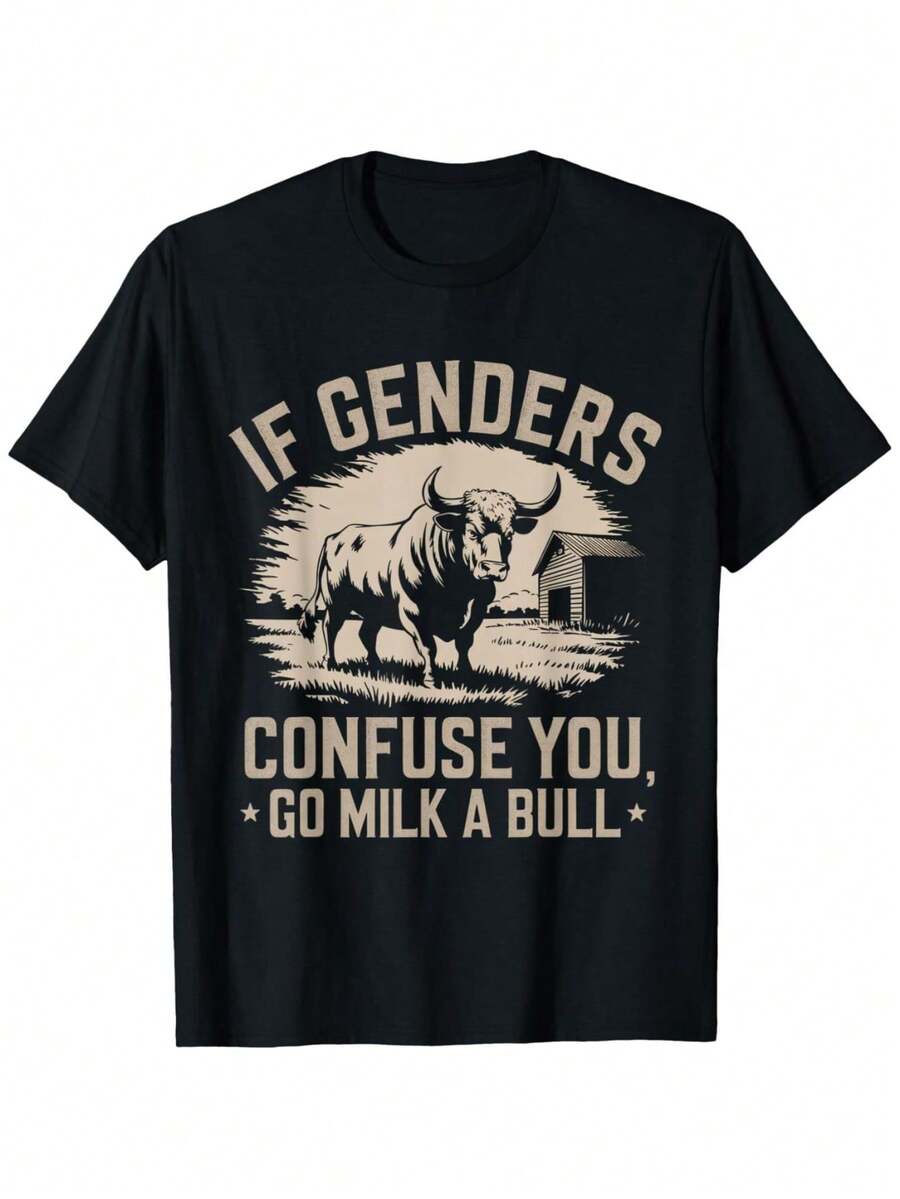 100% Cotton Printing IFunny Quote If Genders Confuse You Go Milk A Bull Vintage T-Shirt - Black - View 1