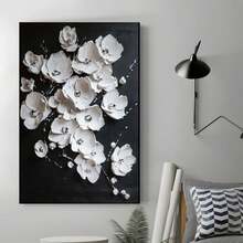1pc 30x40cm(12x16inch) BlackanWhiteAbstractBloomingFlowerPainting,BlackanWhiteAcrylicPaintingonCanvas,FloralHeavyTetureArt,LivingRoomDecor Framed