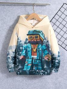 Boys' Casual Cartoon Print Drop Shoulder Hoodie Sweatshirt, Suitable For Spring And Autumn
