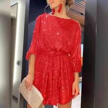 Women's Sparkly Sequin Dress See Through Long Sleeve Crew Neck Mini Glitter Dresses - 金色 - 查看 2