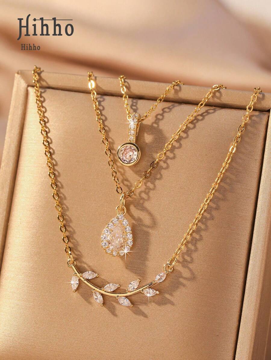 Hihho 3 Pcs/set Women's Fashionable Casual Tree Branch Shaped Water Drop Inlaid Necklace Set, Party Gift - Yellow Gold - View 1