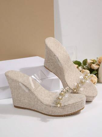 Women's Fashion Rhinestone & Pearl Decor Platform Slide Sandals, Versatile Thick Sole Flat Beach Shoes