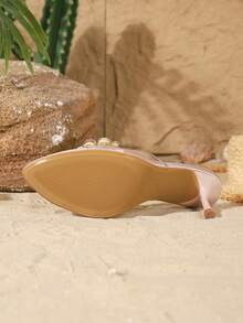 On feet& in love Women's Fashion Elegant Satin Strap Open Toe Slip-On Sandals, Suitable For Wearing With Dresses, Low Vamp, Fine High Heels, Summer - Champagne - View 6