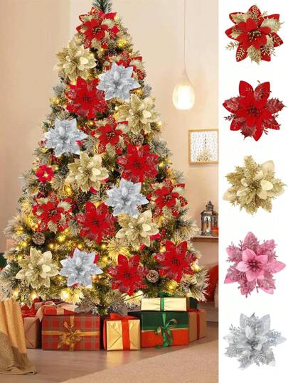 5/10 件红色、金色和粉色一品红人造圣诞闪光花，圣诞饰品圣诞树花饰带茎 DIY 圣诞花环节日家居派对装饰，2025 年圣诞家居装饰礼物 2026 年新年