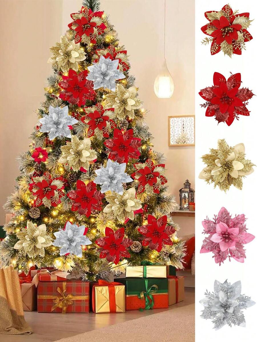 5 Piezas Flores artificiales de Nochebuena doradas con brillo, decoraciones navideñas Flores para árbol de Navidad con tallos DIY Corona de Navidad Decoración del hogar y fiesta, Decoración navideña para el hogar 2024 Regalo Año Nuevo 2025 - oro - Ver 1