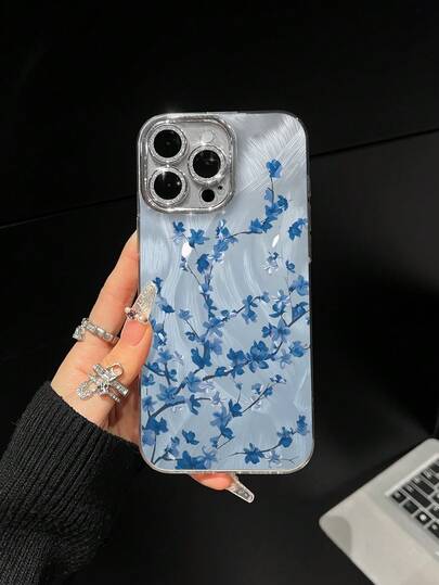 Blue Branch Flower Pattern Phone Case, Personalized Compatible With Iphone 16 Pro Max, 15, 14 Plus, 13, 12, 11 Protective Cover