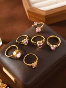 4/6/7 Pieces Fashionable French Delicate Stainless Steel Ring Set For Women With Pink Gemstone Jewellery Suitable For Women's Daily Matching Use Holiday Dating Gift Wedding Engagement Ring Jewellery