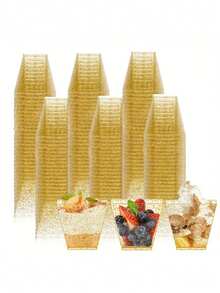 100/50/25/5 Pcs 2oz 60ml Transparent/Gold Powder Dessert Cups (With Spoon), Mini Reusable Dessert Cups, Party Supplies, Mousse Cups, Pudding Cups, Outdoor Travel And Picnics