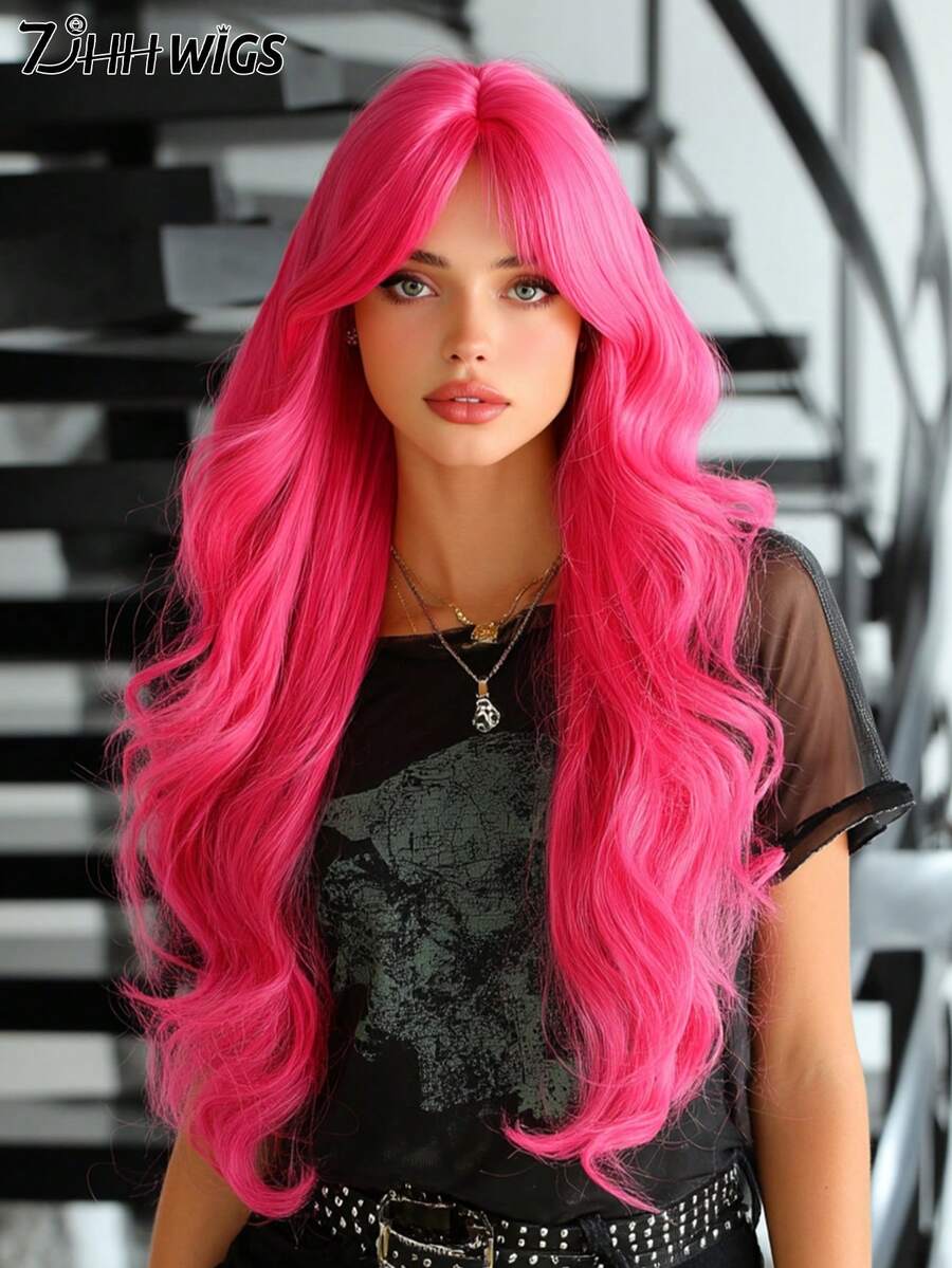 7JHH WIGS Gorgeous 28-Inch Extra Long Wavy Hot Pink Wig For Women, Fluffy Wave Curly Wigs With Curtain Bangs, Synthetic Fiber Hair Full Machine Fluorescent Pink Wigs For Daily & Music Festival Party Wear, Halloween Cosplay Costume Use All-Match Fashion Accessories - Hồng - Xem 1