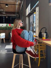 Sweater Pullover Lengan Panjang Kerah Bulat Warna Polos Longgar Kasual - Merah - View 5