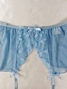 EZNV 性感透视蕾丝内衣套装，带蝴蝶结装饰、可调节肩带和吊袜带。四件套异国情调内衣套装。 - 淺藍色 - 查看 10