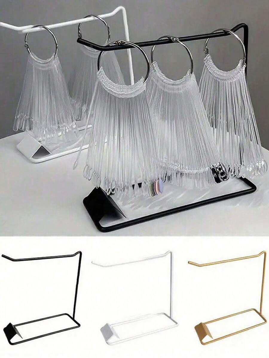 1pc Nail Art Fan-Shaped Display Storage Rack And 50pcs Round/Square Nail Polish Gel Color Swatch Display Tool, Heavy-Duty Metal Storage Rack Suitable For Gel Nail Polish, Nail Art Decoration. Sturdy Structure, Space-Saving, Suitable For Countertop Or Retail Store Decoration, For Salon And Home Use.