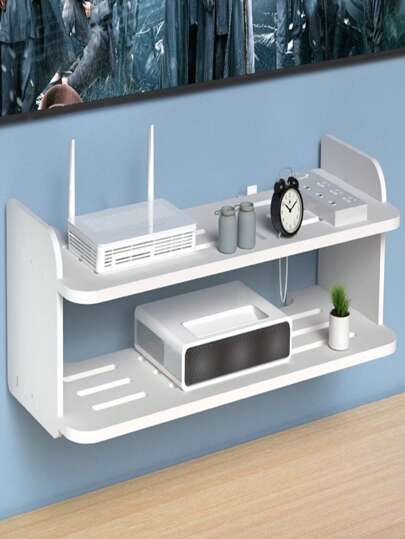 1 pieza Soporte para caja de TV, estantería de pared de doble capa, sin necesidad de perforar, fácil instalación, perfecto para router WiFi, caja de cable y artículos de primera necesidad - Estantería flotante para organización de la sala de estar, con clavos que no dañan