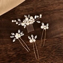 4pcs/Set Women's Handmade White Pearl Crystal Hair Comb, Shiny Zinc Alloy Hair Clip Headpiece Accessories Set, Bridal Wedding Party Dress Decor