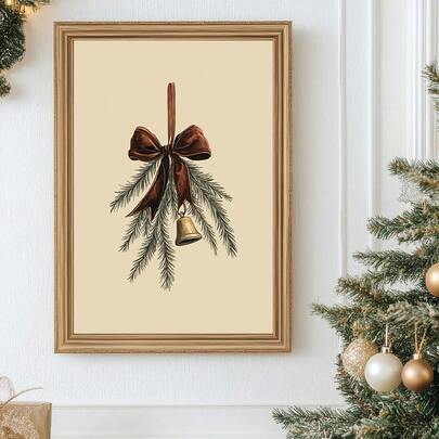 1pc Framed/Unframed Bow Christmas Bells Rustic Poster Festival Vintage Moody Antique Wall Art Canvas Print Minimalist Xmas Holiday Farmhouse Aesthetics Decor Retro Painting For Dorm,Living Room,Apartment,Modern Home Decoration