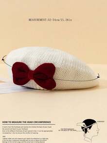 1顶女童红色天鹅绒蝴蝶结针织帽，儿童贝雷帽，画家帽 - 1PC - 查看 10