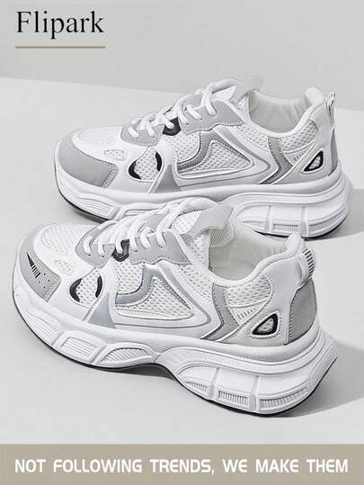 Flipark 1 Pair Sporty Breathable Thick Sole Patchwork White Grey Black Mesh Lightweight Low-Top Casual Sneakers