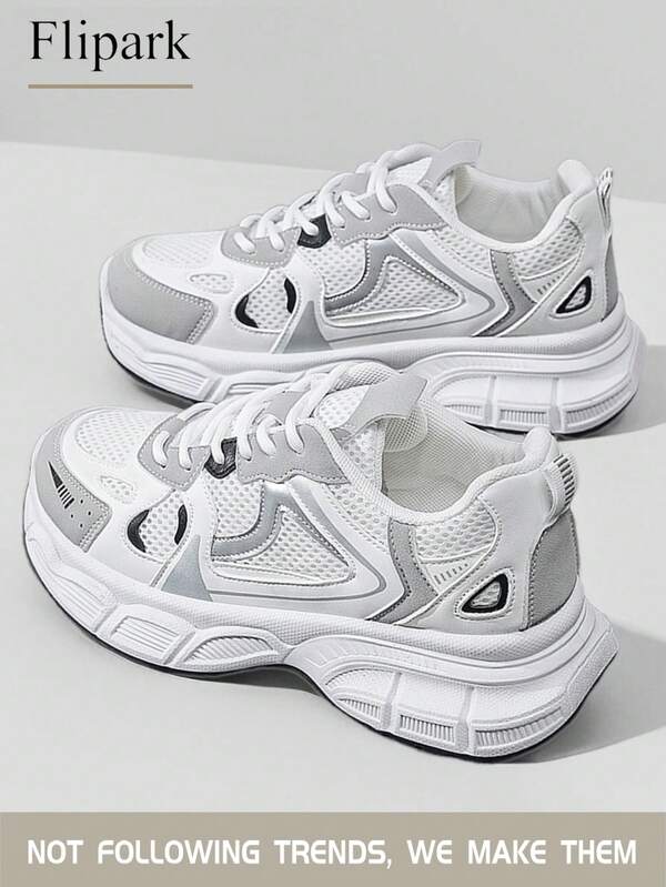 Flipark 1 par de zapatillas deportivas ligeras y transpirables con suela gruesa, en patchwork de blanco, gris y negro con malla, de corte bajo y casual