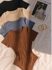 4-Piece Women's Bodysuit, Short Sleeve, Comfortable, Shapewear, Tight-Fitting Bodysuit In Basic And Versatile Suplex. Suplex Fabric Shapes And Enhances. Simple, Casual, Elegant, Knitted. - kaki đen xám nâu - Xem 3