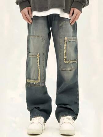 Jeans vintage lavados con bolsillo retro para adolescentes varones, pantalones vaqueros de pierna recta holgada, nueva llegada de primavera y otoño 2025, para chicos adolescentes grandes