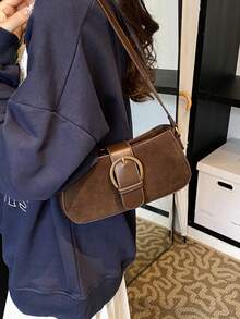 Women Retro Solid Color Dual Strap Suede Shoulder Crossbody Saddle Bag, Autumn And Winter Hot Women Bag, Suede Purse, Newest Fashionable Suede Bag For Women - 咖啡棕 - 查看 2