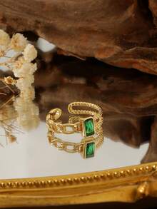 1pc 18K Stainless Steel Cubic Zirconia Ring, Minimalist & Fashionable Party Jewelry Suitable For Party, Date, Office Wear - Yellow Gold - View 7