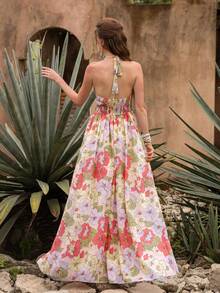 Faeriesty BohoBloom Women's Bohemian Style Backless Spaghetti Strap Maxi Dress, Adjustable Tie-Back, A-Line Silhouette - Ideal For Beach Vacation, Casual City Outings, Park Strolls, Hangouts With Friends, And Music Festivals. - Pink - View 2