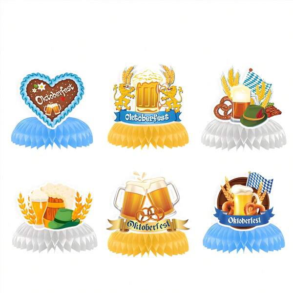 6-Piece Set, Oktoberfest Honeycomb Center Decoration, Oktoberfest Honeycomb Center Ornaments, Party Table Decorations, Oktoberfest Decoration In Munich, Theme Party Table, Festival Decorations, Supplies For Oktoberfest Celebration Activities.
