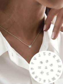 1 chiếc vòng cổ thép không gỉ đính đá Rhinestone cổ điển tối giản thời trang 26 chữ cái tiếng Anh, thích hợp để đeo hàng ngày, món quà tuyệt vời nhất cho trang sức nữ - Bạc - Xem 1