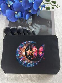 1 pièce Sac de maquillage avec motif papillon et lune, design imprimé double face, cadeau pour femmes, pochette de cosmétiques pour demoiselles d'honneur/enterrement de vie de jeune fille
