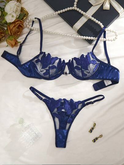 2 piezas Conjunto de lencería sexy azul con bordado floral para mujer, conjunto de 2 piezas semi transparente con bordado floral para mujer, estilo cómodo para el hogar con top ultra corto y tanga