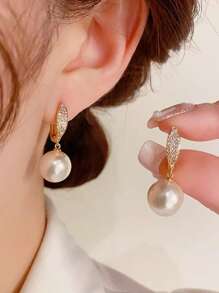 زوج من أقراط قلادة اللؤلؤ الفاخرة للنساء، أقراط حلقية أنيقة من الزركونيا، إكسسوارات أزياء أنيقة