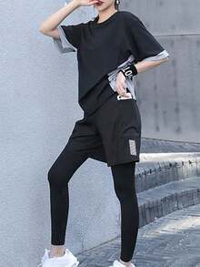 Set sport 5 piese pentru femei: tricou lejer cu imprimeu de liliac + tricou sport lejer + sutien sport + pantaloni de exterior + pantaloni scurți lejeri, ținută de sală