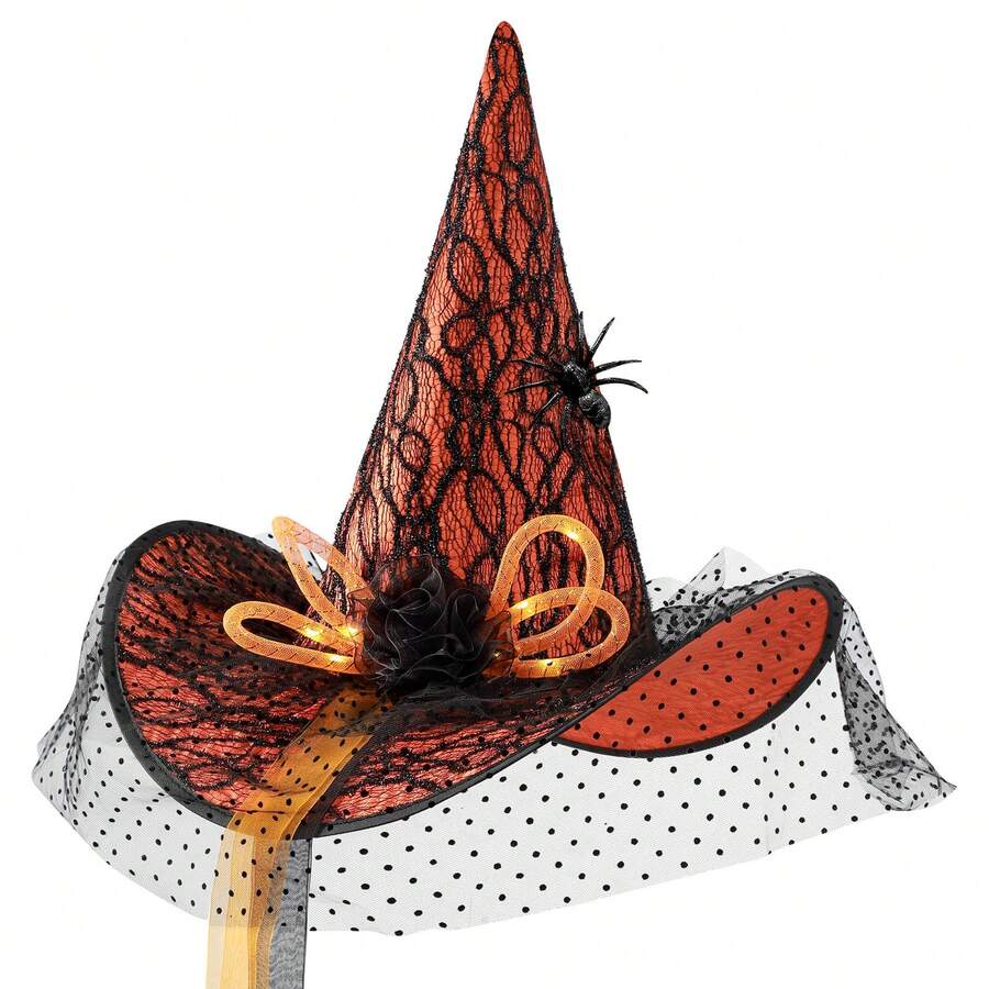 Hatisan 1Pcs Halloween Witch's Hat, Halloween Decorative Hat With Spider & LED Lights, Vintage Style Party Headwear, Halloween Masquerade Parties, Cosplay Accessories For Halloween, Christmas Costume Party Supplies - 橘色 - 查看 1