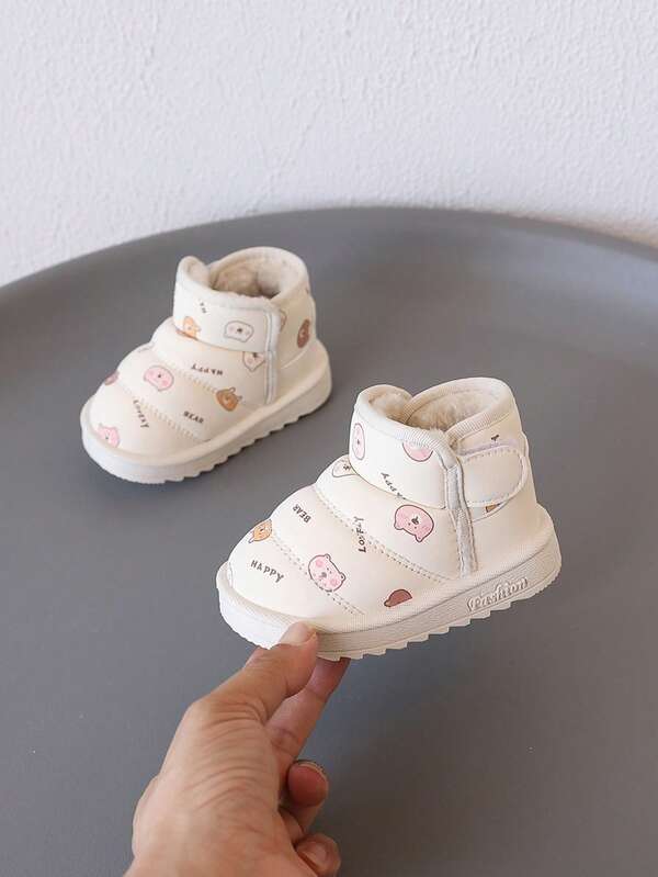 1 par de zapatos de caña baja para niños con estampado tipo oso, material y felpa para mantener el calor, cierre de, estilo plano, diseño lindo, adecuado para uso diario en otoño/invierno, interior y exterior