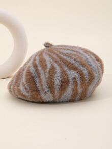 1pc Casual Faux Fur Zebra Striped Beret Hat, Vintage Thick Pattern, Soft & Fluffy, Suitable For Gifts And Daily Wear, Autumn/Winter