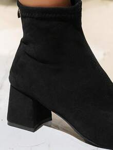 Women's Square Toe Comfortable Thick High Heel Solid Color Ankle Boots With Back Zipper, Suitable For Autumn/Winter Outdoor Wear, Elegant Black Ankle Boots Suitable For Daily Work And Commuting - Black - View 8