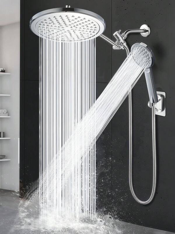 (2-Piece Set, Overhead Shower + Handheld Shower) 9-Inch High Pressure Shower Combo Set, With Handheld Shower Head, Large Panel High Pressure Rainfall Shower Head. Suitable For Shower Room, Bathroom, Commercial Hotel, Home Use. Great Gift For Holidays, Commuting.
