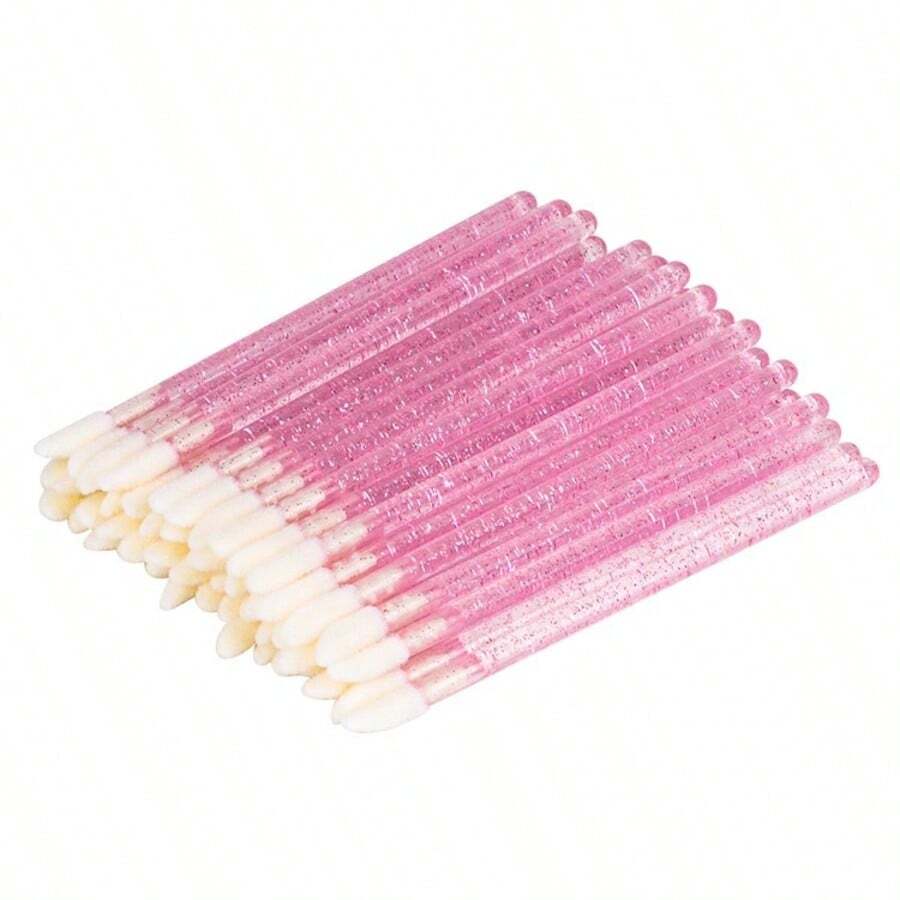 50Pcs Disposable Lipstick Applicator Brush Lip Gloss Extension Cleaning Eyebrow Makeup Brush Kit - Hồng - Xem 1